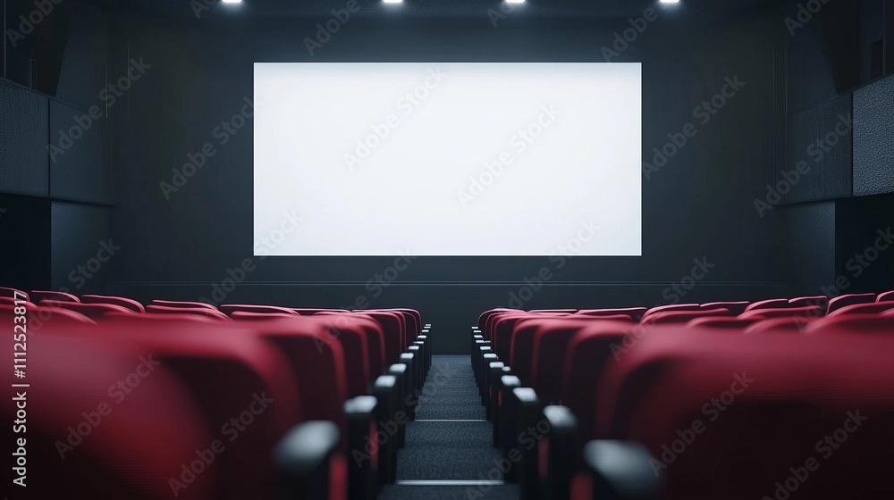 Fototapeta premium Rows of red seats lead to a large white screen in an empty cinema. The atmosphere is quiet and anticipatory, waiting for the next film to begin