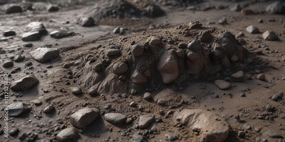 Obraz premium Dark grey soil with visible clay particles and silt, dirt texture, ground