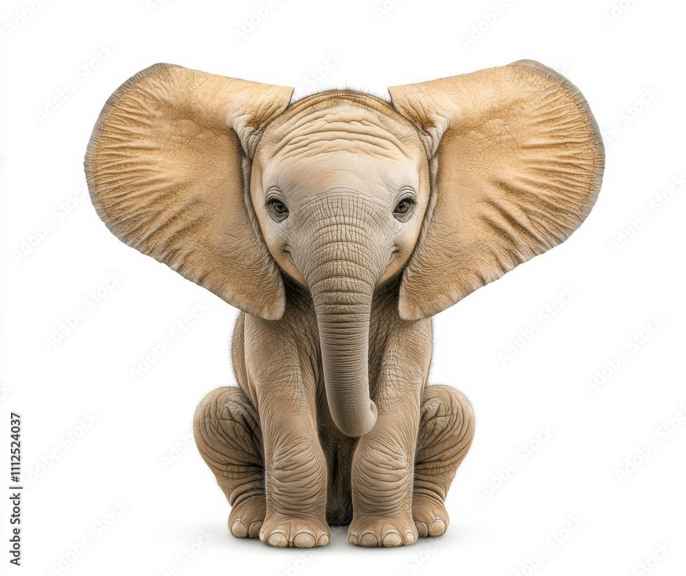 Fototapeta premium minimal photostock of a young baby elephant sit down to show isolated on white backgroun , isolated on white background, , copy space, copy space for text,