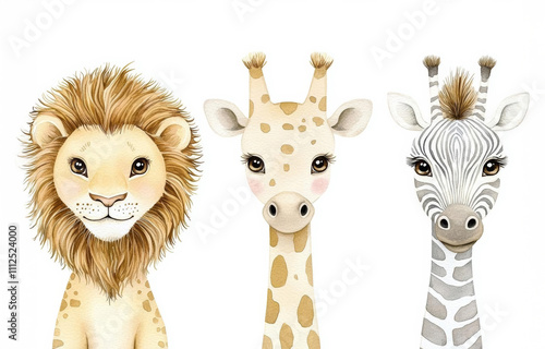 minimal photostock of a  Safari animals watercolor templates illustration for nursery and baby shower with lion