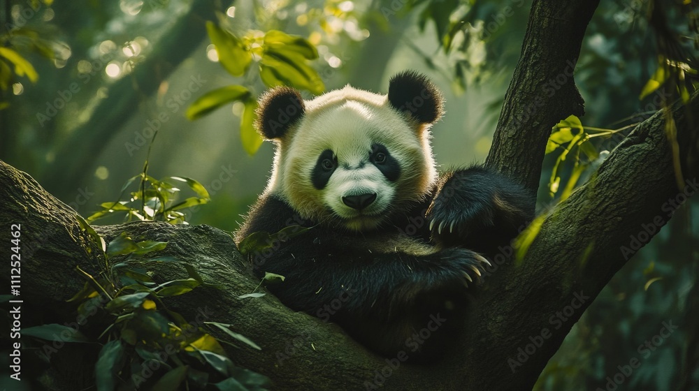 Obraz premium A playful panda lounges comfortably on a thick branch, surrounded by vibrant green leaves and gentle sunlight filtering through the treetops
