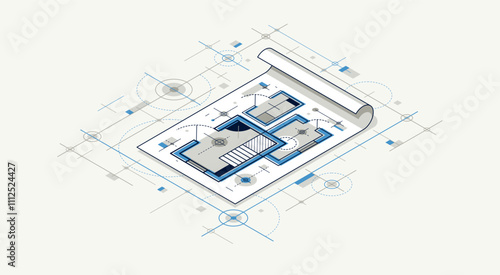 Engineer at work concept, engineering job, paper document blueprint engineering vector 3D isometric illustration, abstract draft drawing, cad technical plan.
