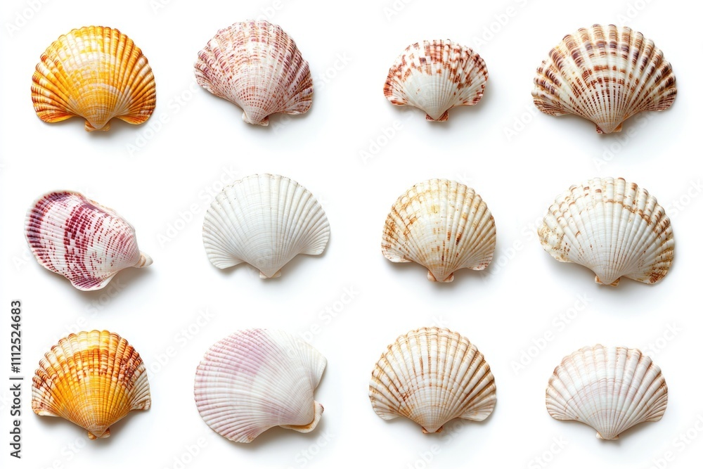 A collection of various seashells placed on a clean white background, ideal for use in educational or decorative contexts A collection of various seashells placed on a clean white background, ideal for use in educational or decorative contexts