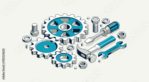 Repair and maintenance concept, technics service, gears and tools in 3D isometric projection vector illustration, technical mechanical workshop