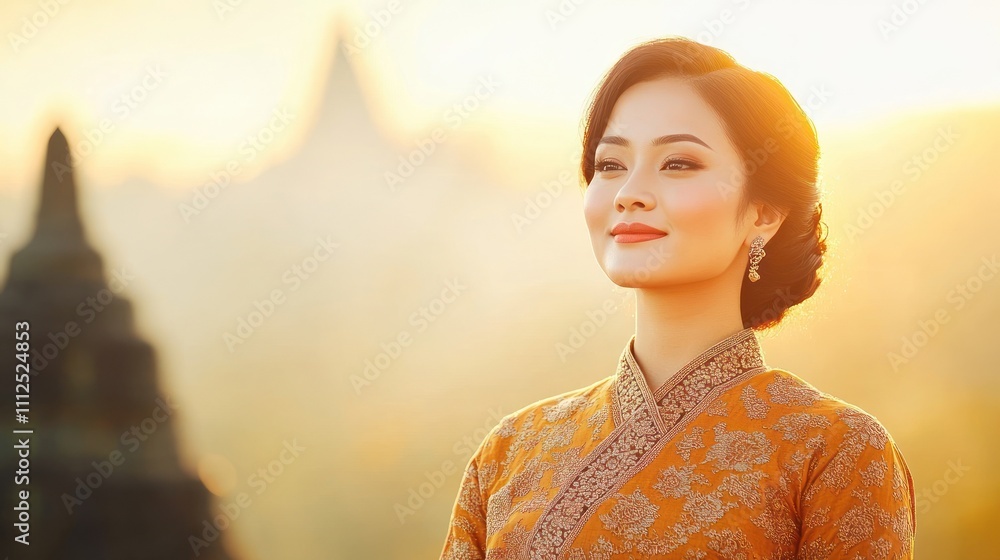 Confident lady gazing at sunrise in elegant outfit Confident lady gazing at sunrise in elegant outfit