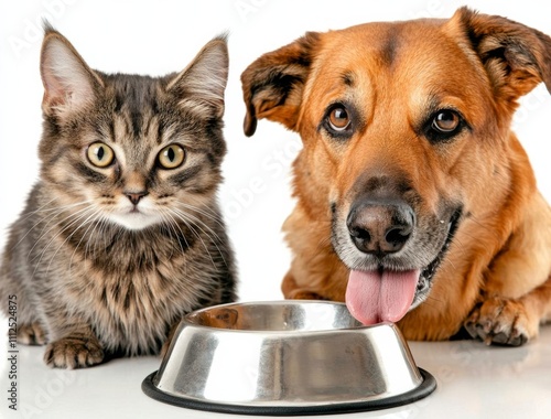 minimal photostock of a  kitten and licking lips hungry dog sitting with a empty bowl photo