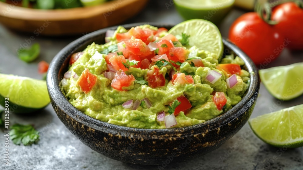 Fresh Homemade Guacamole with Tomatoes and Lime Garnish Fresh Homemade Guacamole with Tomatoes and Lime Garnish