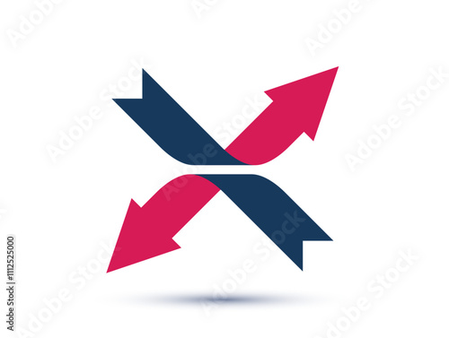 Crossed arrows vector logo, opposite reverse movement concept, inversion and upturn, dynamic graphic design sign.