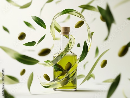 Elegant Glass Olive Oil Bottle Wrapped in Twisting Olive Leaves on White Background photo