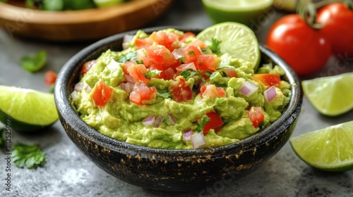 Fresh Homemade Guacamole with Tomatoes and Lime Garnish