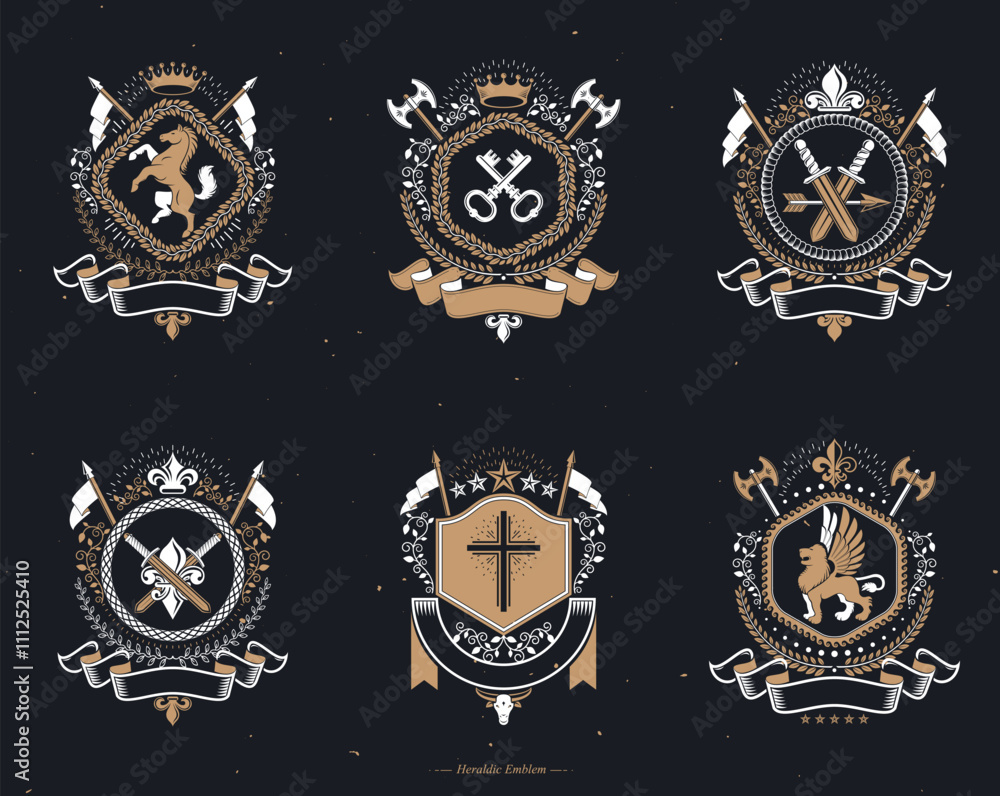 Heraldic Coat of Arms created with vintage vector elements, animals ...