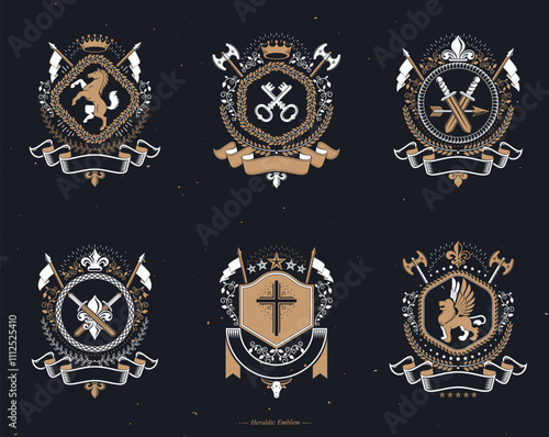 Heraldic Coat of Arms created with vintage vector elements, animals, towers, crowns and stars. Classy symbolic emblems collection, vector set.