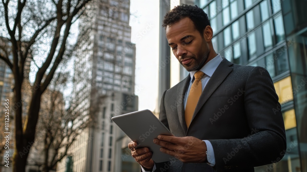 A businessman uses a tablet to manage global insurance. This offers security and protection for various life aspects. A businessman uses a tablet to manage global insurance. This offers security and protection for various life aspects.