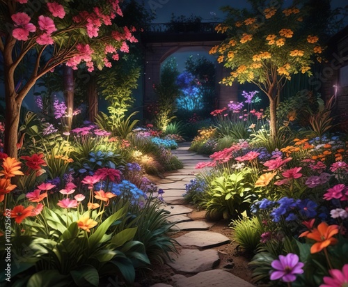 A vibrant and colorful garden full of LED-infused plants and flowers, decorative, horticultural, floral
