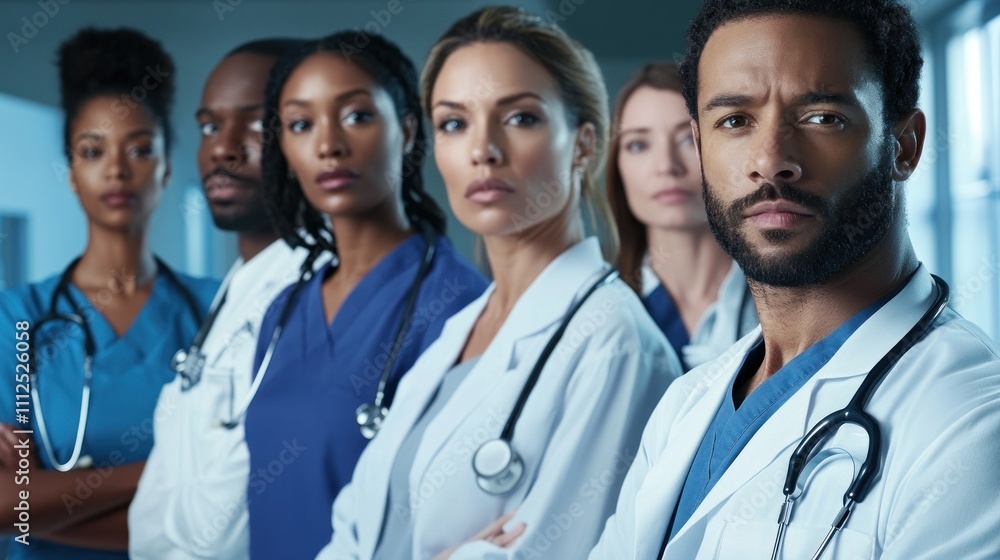Diverse medical team stands united in hospital hall. Diverse medical team stands united in hospital hall.