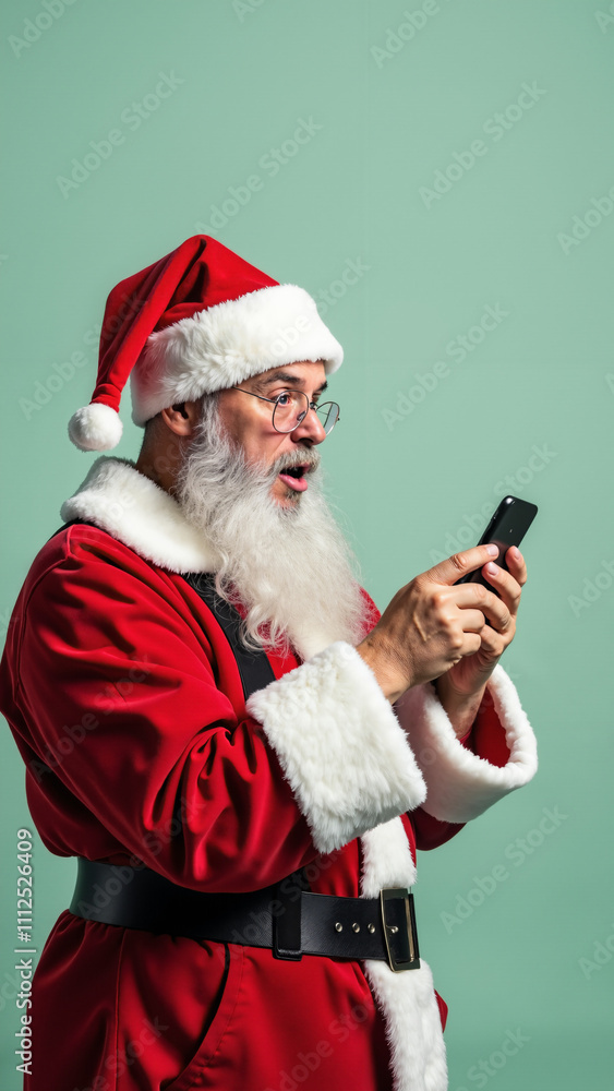 Astonished Santa Claus Using Smartphone: Perfect for Holiday Marketing, E-commerce Promotions, and Digital Christmas Campaigns Astonished Santa Claus Using Smartphone: Perfect for Holiday Marketing, E-commerce Promotions, and Digital Christmas Campaigns