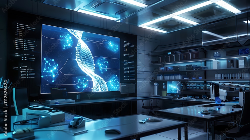 A sophisticated research lab with a wall-sized LED display showcasing a rotating 3D model of a neuron and DNA strand A sophisticated research lab with a wall-sized LED display showcasing a rotating 3D model of a neuron and DNA strand