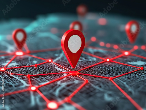 Digital map with red location pins highlighting specific points of interest, showcasing connectivity and navigation. vibrant colors create modern and engaging visual photo