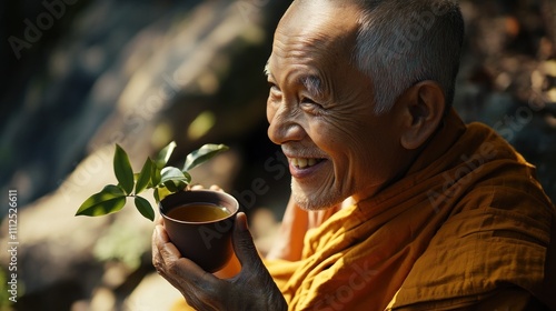 Monk enjoying serene moment with hot tea cup. photo