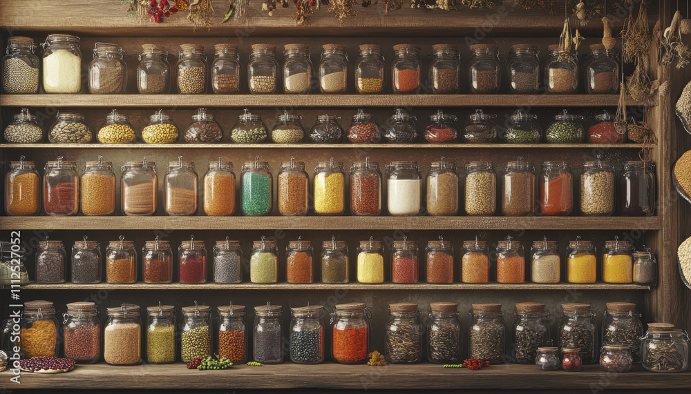 vibrant spice shop in India filled with jars of colorful spices, herbs, and grains, showcasing rich variety of textures and aromas. shelves are neatly organized, creating inviting atmosphere vibrant spice shop in India filled with jars of colorful spices, herbs, and grains, showcasing rich variety of textures and aromas. shelves are neatly organized, creating inviting atmosphere