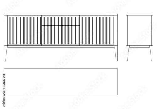 Hand drawn silhouette of mid century dresser. Modern furniture outline drawing. Line art cupboard for trendy interior design. Sketch commode on legs. Vector illustration