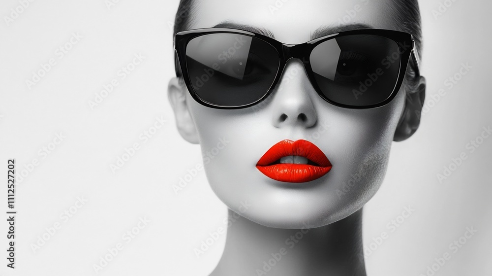 Striking Monochrome Portrait of a Woman in Sunglasses with Bold Red Lips Striking Monochrome Portrait of a Woman in Sunglasses with Bold Red Lips