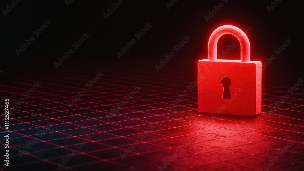 Fototapeta premium Digital Padlock on Network Grid in a Dark Tech Background with Red Neon Glow Effects