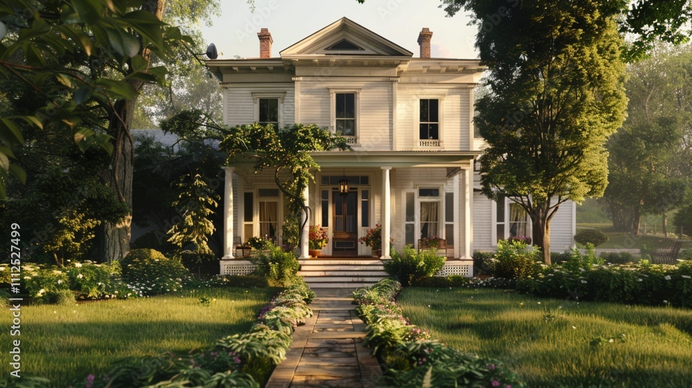 Traditional white house with a front porch, lush greenery around, and a welcoming entrance Traditional white house with a front porch, lush greenery around, and a welcoming entrance
