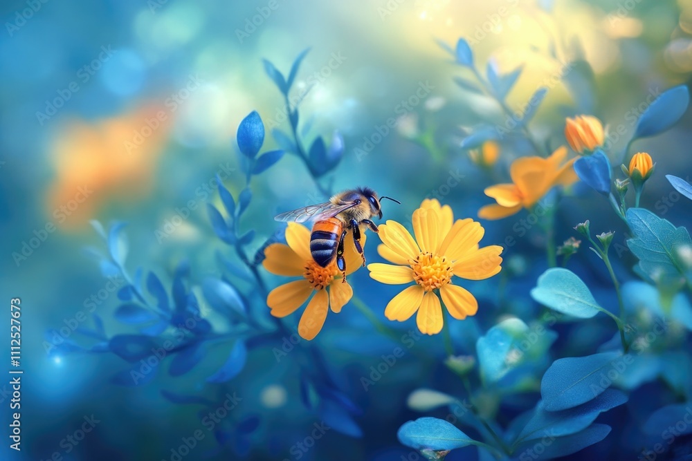 A close-up shot of a bee sitting on a bright yellow flower amidst a green field A close-up shot of a bee sitting on a bright yellow flower amidst a green field