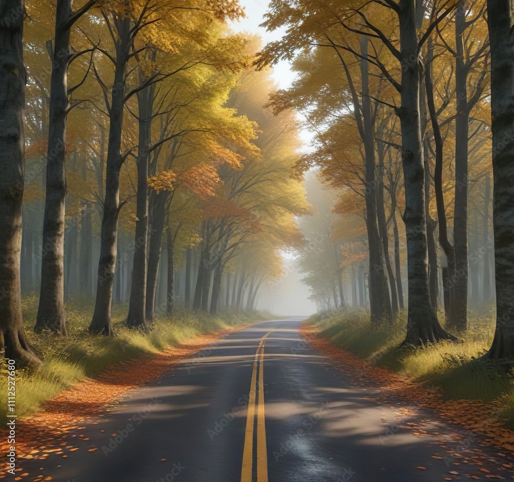Forest road disappearing into the distance lined with tall trees and changing leaves, leaves, forest Forest road disappearing into the distance lined with tall trees and changing leaves, leaves, forest