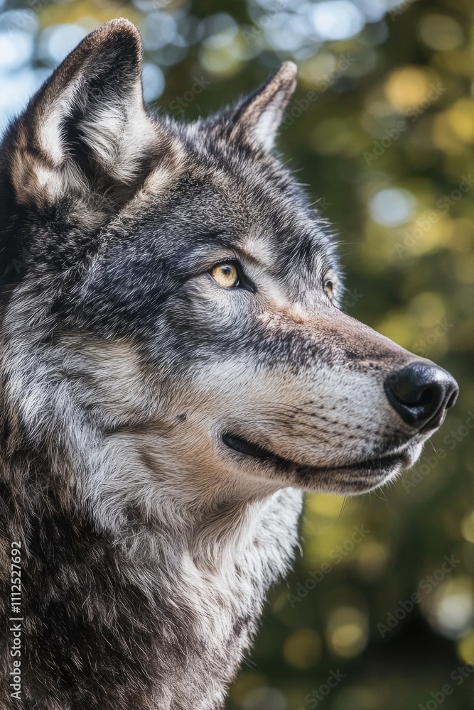 Fototapeta premium Close-up shot of a wolf's face with trees in the background, suitable for wildlife or nature-themed projects