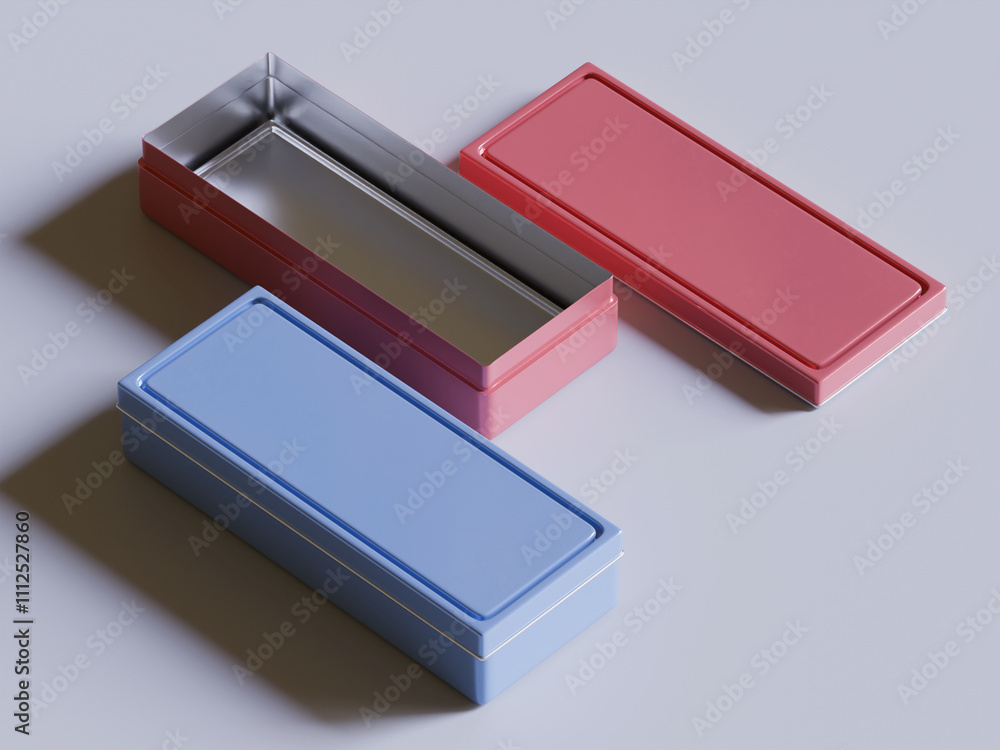 Tea tin square packaging 3D render with color on gray background Tea tin square packaging 3D render with color on gray background
