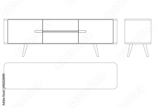 Hand drawn silhouette of mid century dresser. Modern furniture outline drawing. Line art cupboard for trendy interior design. Sketch commode on legs. Vector illustration