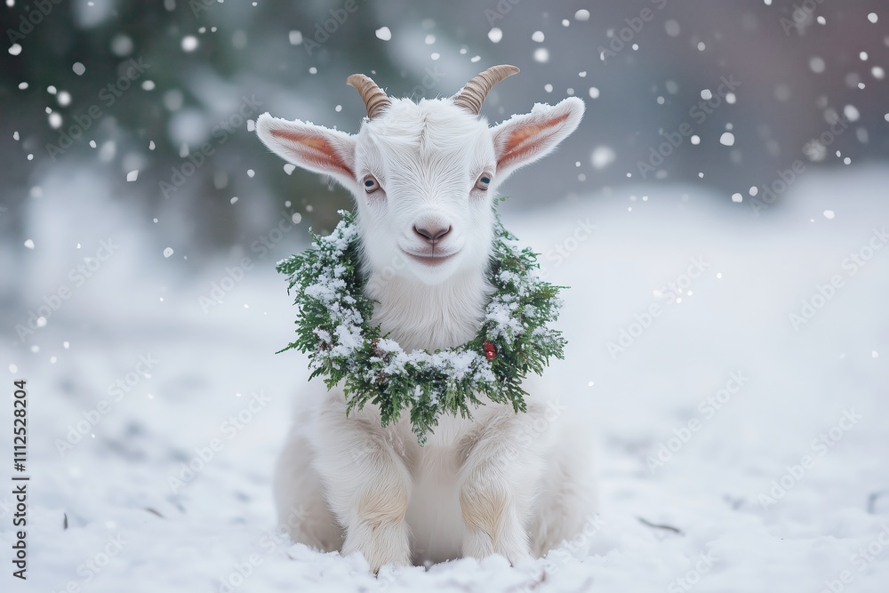 Adorable Baby Goat with Wreath Around Its Neck Sitting Gracefully in a Snowy Landscape, Capturing the Essence of Winter and Festive Charm Adorable Baby Goat with Wreath Around Its Neck Sitting Gracefully in a Snowy Landscape, Capturing the Essence of Winter and Festive Charm