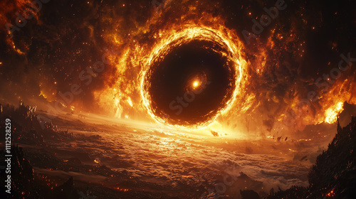 gargantuan black hole pulling a fiery vortex against a backdrop of starlit cosmic dust and debris