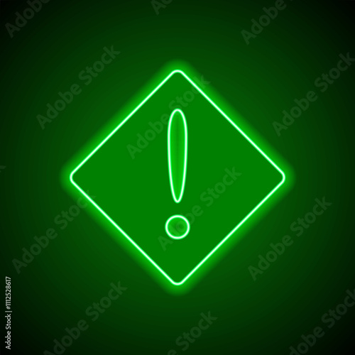 Warning simple icon, vector. Flat design. Green neon on black background with green light
