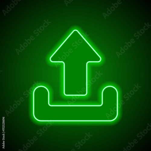 Upload simple icon, vector. Flat design. Green neon on black background with green light