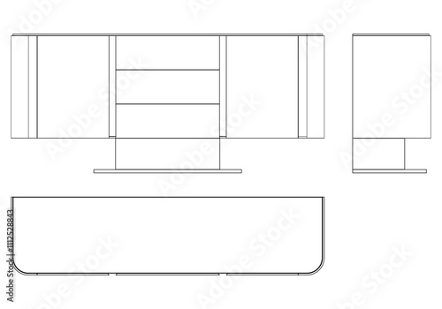 Hand drawn silhouette of mid century dresser. Modern furniture outline drawing. Line art cupboard for trendy interior design. Sketch commode on legs. Vector illustration