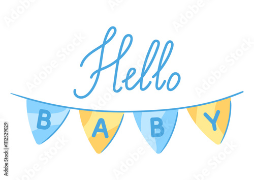 Baby shower greeting card. New born baby boy Happy Birthday.