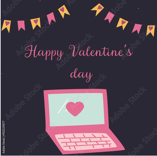 Valentine's day celebration with heart laptop and festive banners.