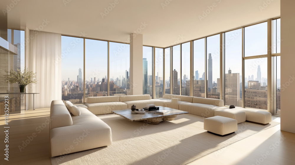 Minimalist living room with floor-to-ceiling windows, a neutral palette, and a plush area rug balancing sleek modern lines Minimalist living room with floor-to-ceiling windows, a neutral palette, and a plush area rug balancing sleek modern lines