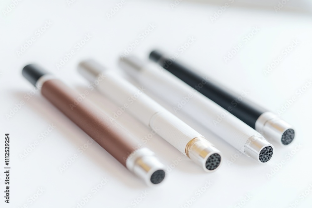 A collection of pens arranged neatly on a table, ideal for office or workspace settings A collection of pens arranged neatly on a table, ideal for office or workspace settings