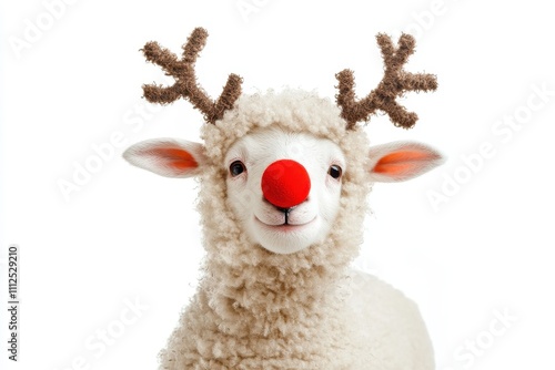 Adorable Cute Sheep with Reindeer Antlers and Glowing Red Nose on a White Background, Perfect for Holiday and Festive Themes