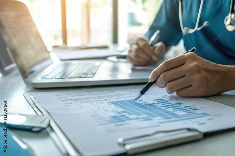 Nurse and Manager Analyzing Medical Data, Bills, and Hospital Codes Nurse and Manager Analyzing Medical Data, Bills, and Hospital Codes