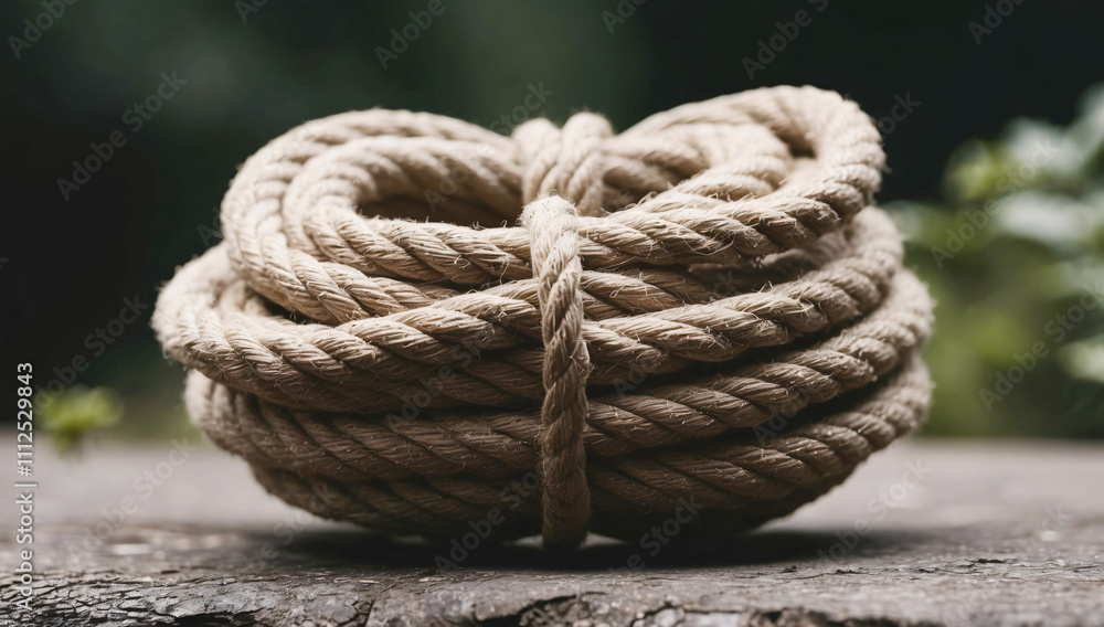 Fototapeta premium Tightly Coiled Hemp Rope on Rustic Wooden Surface