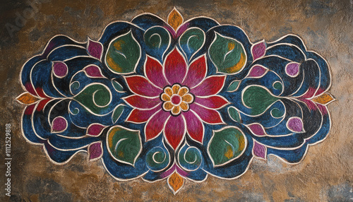 Traditional rangoli art pattern featuring vibrant colors and intricate designs, showcasing beautiful floral motif that adds cultural richness and artistic expression to any space photo