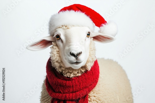 Adorable Fluffy White Sheep Wearing a Red Santa Hat and Scarf, Perfect for Holiday-Themed Projects and Festive Designs