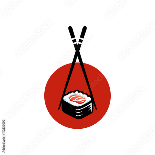 Salmon sushi logo design sticker vector illustration template simple icon of Japanese traditional food with chopstick