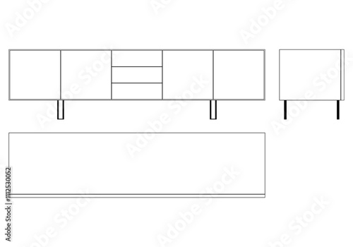 Hand drawn silhouette of mid century dresser. Modern furniture outline drawing. Line art cupboard for trendy interior design. Sketch commode on legs. Vector illustration