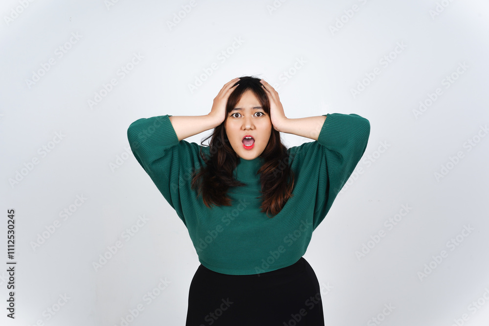Hand on Head with shocked wow face expression Of Beautiful Asian Woman wearing Green Isolated On White Background Hand on Head with shocked wow face expression Of Beautiful Asian Woman wearing Green Isolated On White Background